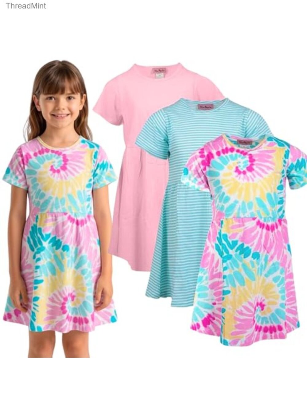 Girls 3 Pack Cotton Short Sleeve Skater Dresses Casual Play Wear Sizes 4-16